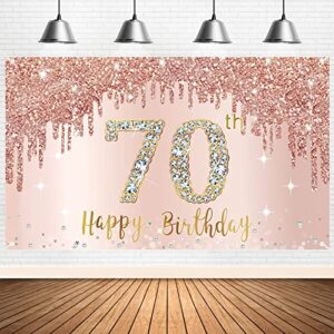 happy 70th birthday banner backdrop decorations for women, rose gold 70 birthday party sign supplies, pink 70 year old birthday poster background photo booth props decor
