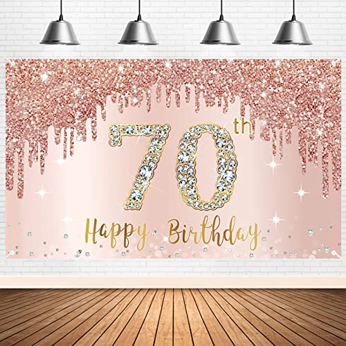 Happy 70th Birthday Banner Backdrop Decorations for Women, Rose Gold 70 Birthday Party Sign Supplies, Pink 70 Year Old Birthday Poster Background Photo Booth Props Decor