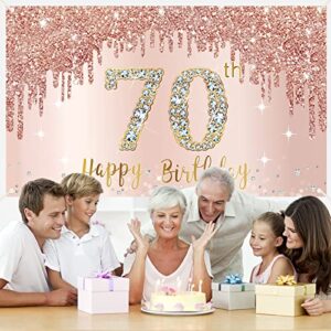 Happy 70th Birthday Banner Backdrop Decorations for Women, Rose Gold 70 Birthday Party Sign Supplies, Pink 70 Year Old Birthday Poster Background Photo Booth Props Decor