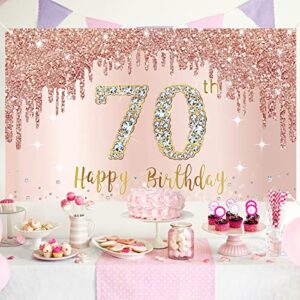 Happy 70th Birthday Banner Backdrop Decorations for Women, Rose Gold 70 Birthday Party Sign Supplies, Pink 70 Year Old Birthday Poster Background Photo Booth Props Decor