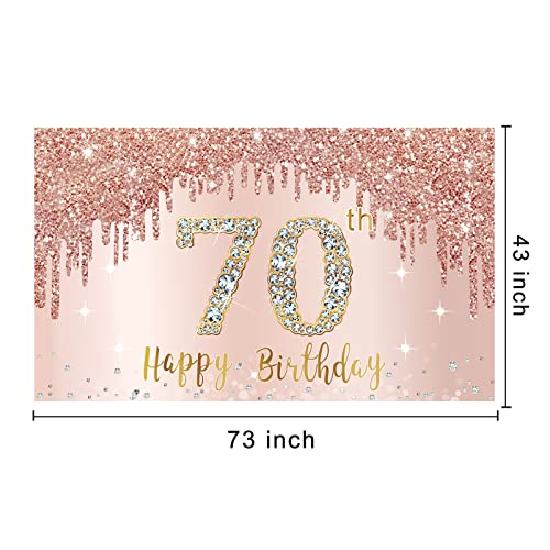 Happy 70th Birthday Banner Backdrop Decorations for Women, Rose Gold 70 Birthday Party Sign Supplies, Pink 70 Year Old Birthday Poster Background Photo Booth Props Decor