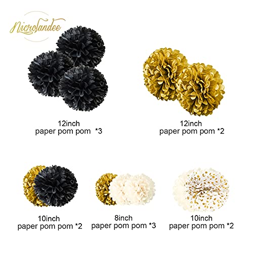 NICROLANDEE Black Gold Party Decorations - 12 PCS Black Gold White Tissue Paper Pom Poms for Wedding, Birthday, Bachelorette, Bridal Shower, Prom, Gruaduation, Festival Decorations