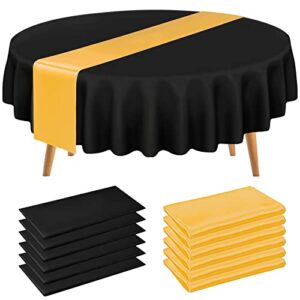 lokume 6 pack round plastic tablecloth 84″ black disposable table covers waterproof circle party table cloths for round tables and 6 pack 12″x108″ gold satin table runners for parties birthday picnic