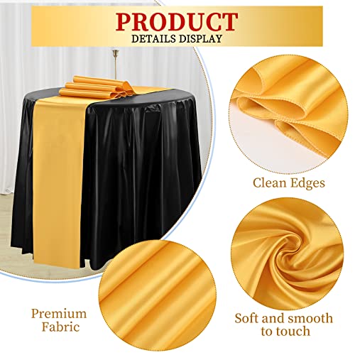 LOKUME 6 Pack Round Plastic Tablecloth 84" Black Disposable Table Covers Waterproof Circle Party Table Cloths for Round Tables and 6 Pack 12"x108" Gold Satin Table Runners for Parties Birthday Picnic