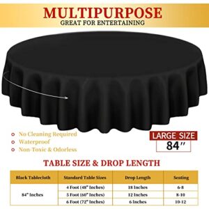 LOKUME 6 Pack Round Plastic Tablecloth 84" Black Disposable Table Covers Waterproof Circle Party Table Cloths for Round Tables and 6 Pack 12"x108" Gold Satin Table Runners for Parties Birthday Picnic