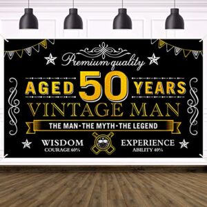 happy 50th birthday banner decorations for men, black gold vintage 50 birthday backdrop sign party supplies, fifty year old birthday party photo booth background poster decor(72.8 x 43.3 inch)