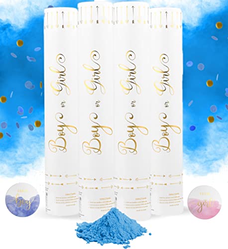 Gender Reveal Confetti Powder Cannon - 4 Blue/Gold Poppers - Gender Reveal Party Supplies - Smoke Powder & Confetti Sticks - Gender Reveal Stickers 40 pcs (20 Girl 20 Boy)