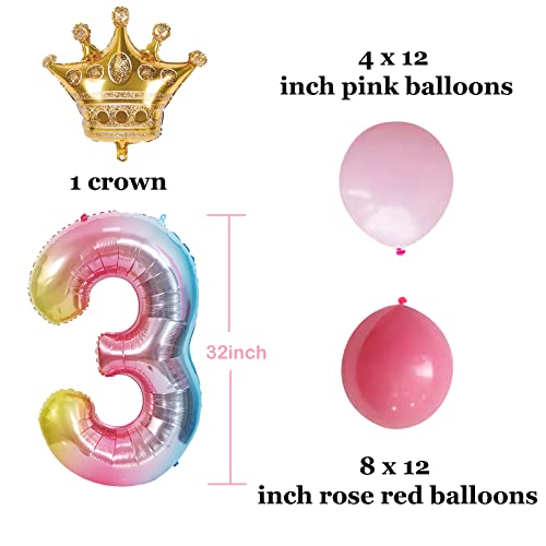 Falliny 32 Inch Rainbow Number 3 Balloons with Latex Balloons Detachable Crown Foil Helium Party Birthday Decorations for Birthday Party,Wedding, Bridal Shower Engagement Photo Shoot, Anniversary