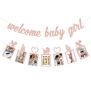 baby shower decorations for girl – welcome baby girl banner and baby shower photo banner for baby girl shower decor(rose gold)