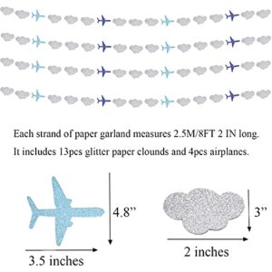 Lauthen.S Airplane Clouds Garland, 6pcs Glitter Paper Garland Decorations for Birthday Backdrop Airplane Themed Baby Shower Party Supplies Classroom Home Decor