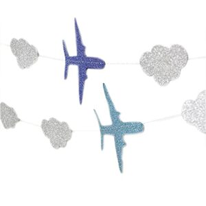 Lauthen.S Airplane Clouds Garland, 6pcs Glitter Paper Garland Decorations for Birthday Backdrop Airplane Themed Baby Shower Party Supplies Classroom Home Decor