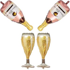 4 pcs champagne bottles and goblet wine glasses large mylar foil helium balloons 36in, pink & golden pop decoration for party, birthday celebration , anniversary graduation, family gathering, cheers!