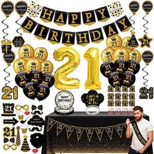 21st Birthday Decorations for him - (76pack) Black Gold Party Banner, Pennant, Hanging Swirl, Birthday Balloons, Tablecloths, Cupcake Topper, Crown, Plates, Photo Props, Birthday Sash for Men Gifts
