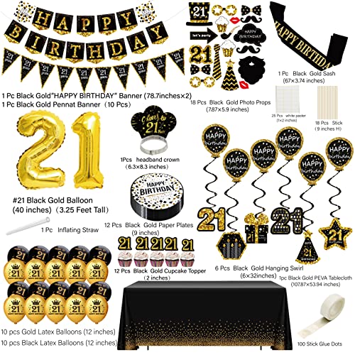 21st Birthday Decorations for him - (76pack) Black Gold Party Banner, Pennant, Hanging Swirl, Birthday Balloons, Tablecloths, Cupcake Topper, Crown, Plates, Photo Props, Birthday Sash for Men Gifts
