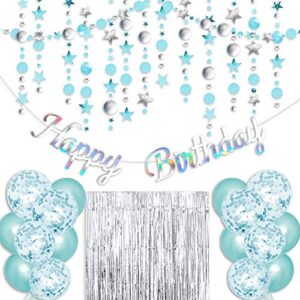 turquoise birthday party decoration – sliver happy birthday banner, turquoise glitter circle dot garland streamer, sliver fringe curtain, blue and turquoise balloons, blue birthday party decorations for women and men birthday party