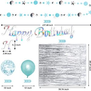 Turquoise Birthday Party Decoration - Sliver Happy Birthday Banner, Turquoise Glitter Circle Dot Garland Streamer, Sliver Fringe Curtain, Blue and Turquoise Balloons, Blue Birthday Party Decorations for Women and Men Birthday Party