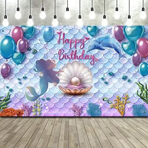 under the sea mermaid birthday party backdrop girl princess mermaid scales birthday photo booth backdrop purple blue mermaid pearl whale background banner for birthday party decor, 71 x 43 inch