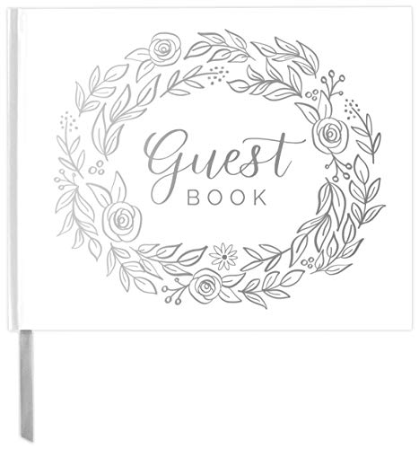 bloom daily planners Wedding Guest Book (120 Pages) - Lined Sign-in Registry Guestbook & Keepsake - Hard Cover with Silver Foil, Gilded Edges and Bookmark - 7” x 9" - Silver Floral