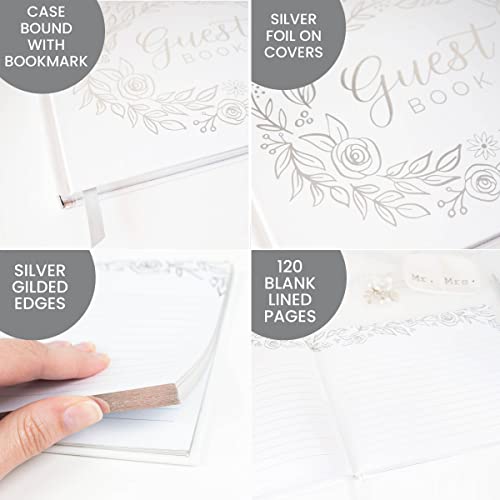 bloom daily planners Wedding Guest Book (120 Pages) - Lined Sign-in Registry Guestbook & Keepsake - Hard Cover with Silver Foil, Gilded Edges and Bookmark - 7” x 9" - Silver Floral