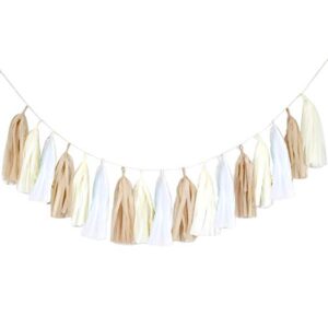 15pcs diy tissue tassel garland kit kraft tan brown cream white party streamers bunting banner backdrop for rustic baby shower burlap outdoor wedding bridal shower nursery decorations