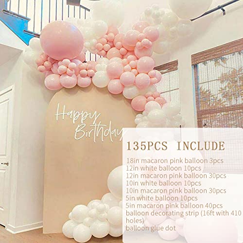 Macaron Pink White Balloon Arch Kit-135Pcs White Balloon Pink Balloon for Wedding,Gender Reveal,Birthday,Baby Shower,Christmas Party Decoration.