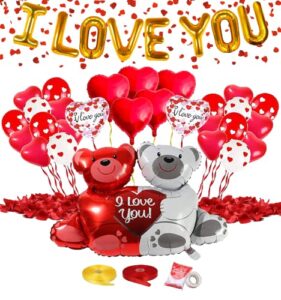 zege 55 item valentines day balloons set includes 1000 pcs rose petals, heart decor balloons, twin bear balloon, i love you banner & multicolor balloon string for romantic valentines decorations