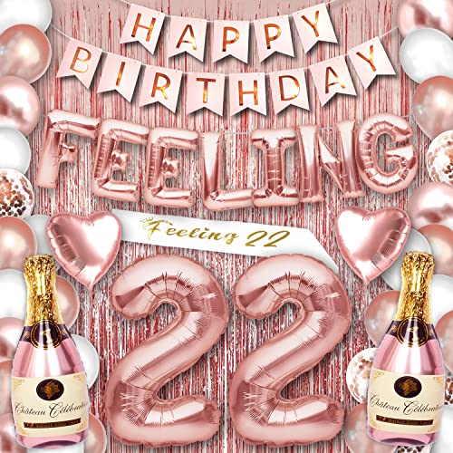 PartyForever 22nd Birthday Decorations for Women and Girls Rose Gold with Birthday Banner and Digit Balloons Including Text Balloon Letters Party Supplies for Her