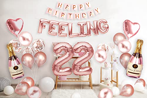 PartyForever 22nd Birthday Decorations for Women and Girls Rose Gold with Birthday Banner and Digit Balloons Including Text Balloon Letters Party Supplies for Her