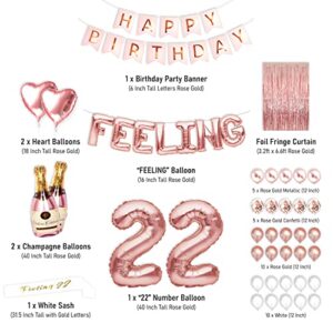 PartyForever 22nd Birthday Decorations for Women and Girls Rose Gold with Birthday Banner and Digit Balloons Including Text Balloon Letters Party Supplies for Her