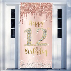 12th birthday door banner decorations for girls, pink rose gold happy 12 birthday sign door cover backdrop party supplies, large 12 year old birthday poster background photo booth props party decor