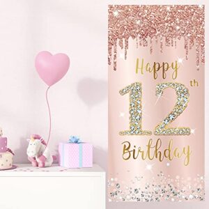 12th Birthday Door Banner Decorations for Girls, Pink Rose Gold Happy 12 Birthday Sign Door Cover Backdrop Party Supplies, Large 12 Year Old Birthday Poster Background Photo Booth Props Party Decor