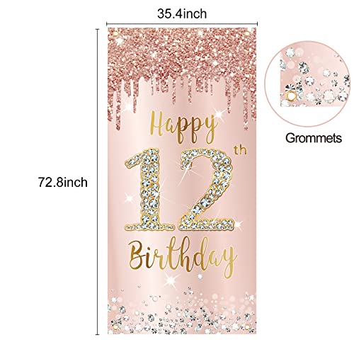 12th Birthday Door Banner Decorations for Girls, Pink Rose Gold Happy 12 Birthday Sign Door Cover Backdrop Party Supplies, Large 12 Year Old Birthday Poster Background Photo Booth Props Party Decor