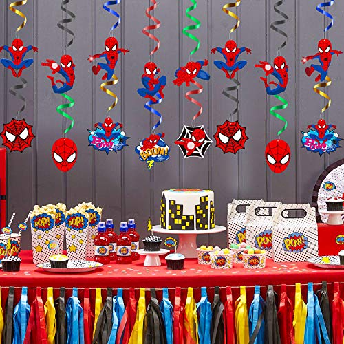 PANTIDE 30Ct Spider Superhero Hanging Swirls Decorations, Spider Hero Whirls Glitter Foil Ceiling Swirls Streamers Decorations, Superhero Themed Party Supplies Favors for Kids Birthday Baby Shower