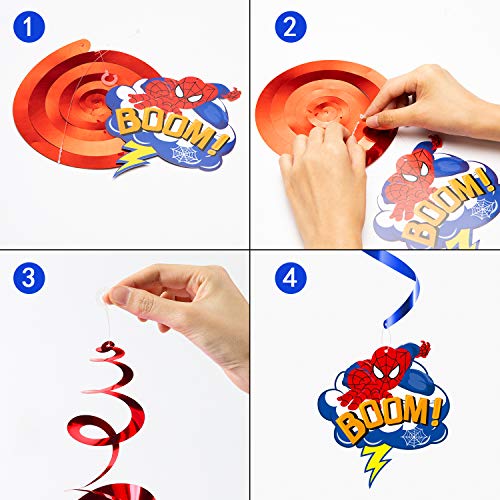 PANTIDE 30Ct Spider Superhero Hanging Swirls Decorations, Spider Hero Whirls Glitter Foil Ceiling Swirls Streamers Decorations, Superhero Themed Party Supplies Favors for Kids Birthday Baby Shower