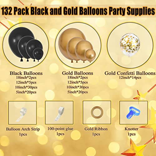 132Pcs Black and Gold Balloons Garland Arch Kit, Metallic Confetti Gold Black Graduation Balloons for Men Women Birthday Anniversary Wedding Retirement 2023 Graduation Party Decorations