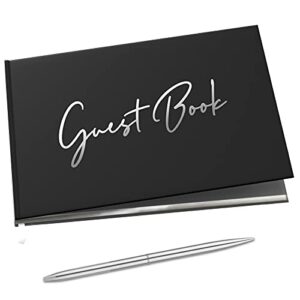 merry expressions black guest book & pen – 9″x7″ hardcover 100 page/50 sheets – silver foil gilded edges for guests & visitors to sign at a wedding, funeral or memorial, party, baby or bridal shower
