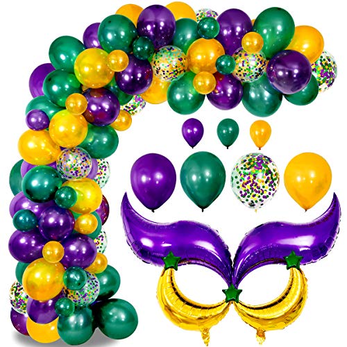 Mardi Gras Balloon Garland Kit,117PCS Deep Green Purple Gold Balloons with Confetti Balloons and Tail Moon Star Foil Balloons for Mardi Gras Fat Tuesday Decorations and Supplies