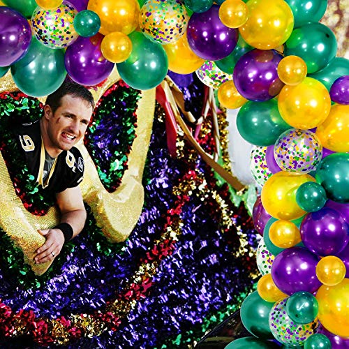 Mardi Gras Balloon Garland Kit,117PCS Deep Green Purple Gold Balloons with Confetti Balloons and Tail Moon Star Foil Balloons for Mardi Gras Fat Tuesday Decorations and Supplies