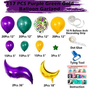 Mardi Gras Balloon Garland Kit,117PCS Deep Green Purple Gold Balloons with Confetti Balloons and Tail Moon Star Foil Balloons for Mardi Gras Fat Tuesday Decorations and Supplies