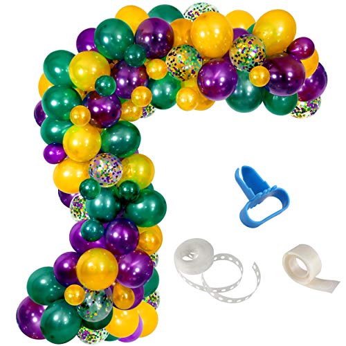 Mardi Gras Balloon Garland Kit,117PCS Deep Green Purple Gold Balloons with Confetti Balloons and Tail Moon Star Foil Balloons for Mardi Gras Fat Tuesday Decorations and Supplies