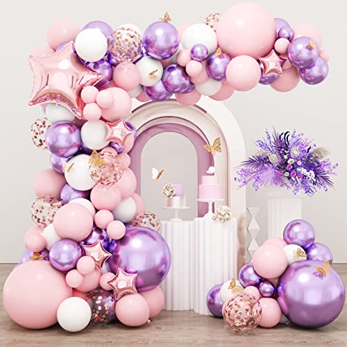 RUBFAC 176pcs Pink Balloon Garland, Purple Baby Shower Decorations for Girl with Butterfly Decorations Foil Balloons for Birthday Party Bridal Shower Bachelorette Engagement Decoration