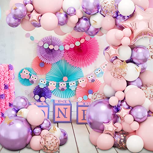 RUBFAC 176pcs Pink Balloon Garland, Purple Baby Shower Decorations for Girl with Butterfly Decorations Foil Balloons for Birthday Party Bridal Shower Bachelorette Engagement Decoration