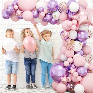RUBFAC 176pcs Pink Balloon Garland, Purple Baby Shower Decorations for Girl with Butterfly Decorations Foil Balloons for Birthday Party Bridal Shower Bachelorette Engagement Decoration
