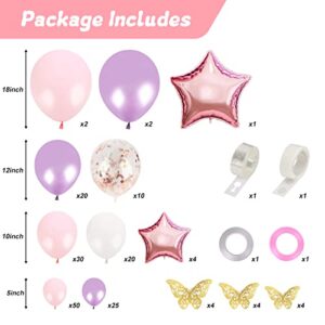 RUBFAC 176pcs Pink Balloon Garland, Purple Baby Shower Decorations for Girl with Butterfly Decorations Foil Balloons for Birthday Party Bridal Shower Bachelorette Engagement Decoration