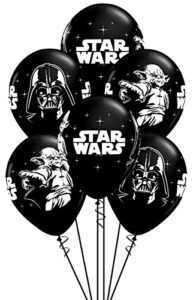 qualatex star wars biodegradable latex balloons onyx black with white prints all-around of darth vader and yoda, 11-inch round (12-units)