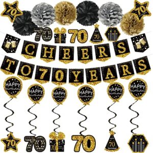 70th birthday decorations for men – (21pack) cheers to 70 years black gold glitter banner for women, 6 paper poms, 6 hanging swirl, 7 decorations stickers. 70 years old party supplies gifts for men