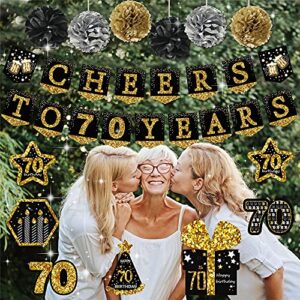 70th birthday decorations for men - (21pack) cheers to 70 years black gold glitter banner for women, 6 paper Poms, 6 Hanging Swirl, 7 decorations stickers. 70 Years Old Party Supplies gifts for men