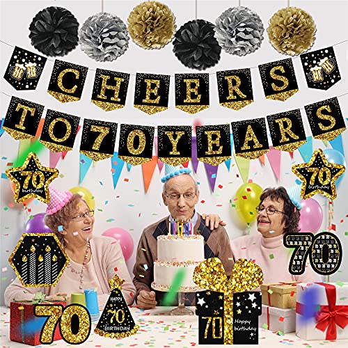 70th birthday decorations for men - (21pack) cheers to 70 years black gold glitter banner for women, 6 paper Poms, 6 Hanging Swirl, 7 decorations stickers. 70 Years Old Party Supplies gifts for men