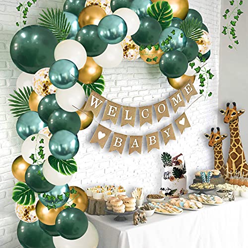 Ola Memoirs Safari Baby Shower Decorations Jungle Theme Party Supplies with Lush Green Balloon Garland Arch Kit Backdrop, Banner, Tropical Palm Leaves, Balloons Strip, Ivy Vines Decor for Boy and Girl