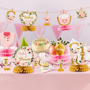 12Pcs Spring Floral Baby Shower Party Honeycomb Table Centerpiece Baby in Bloom Table Display with Letters Gender Reveal Decoration Arrangement Favor Block Holder for Girl Birthday